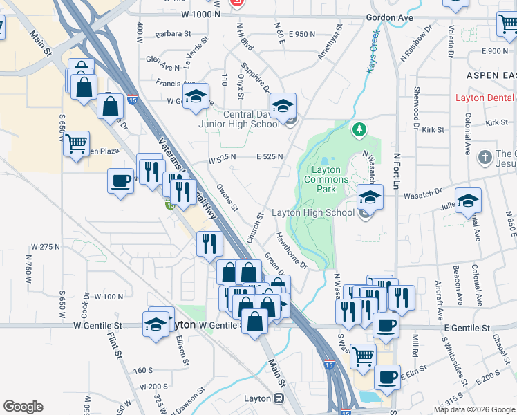 map of restaurants, bars, coffee shops, grocery stores, and more near 382 Church Street in Layton