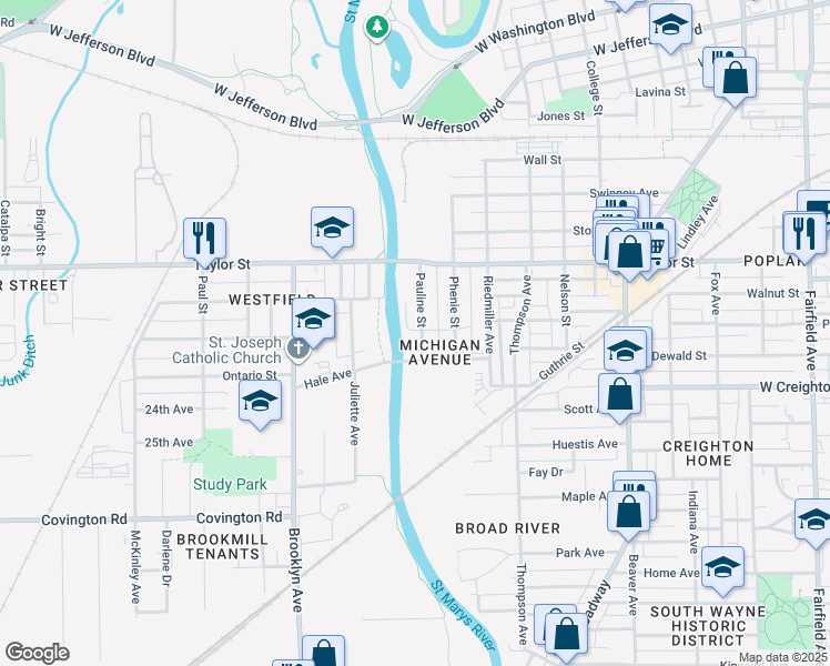 map of restaurants, bars, coffee shops, grocery stores, and more near 2102 Pauline Street in Fort Wayne