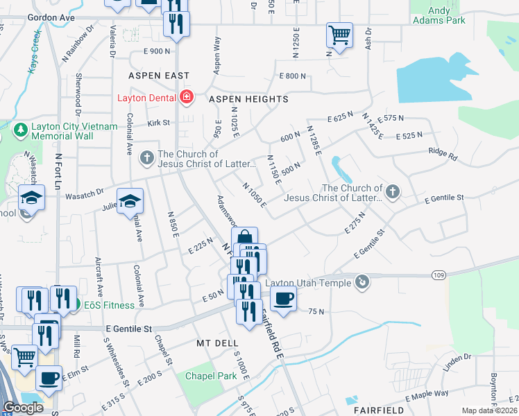 map of restaurants, bars, coffee shops, grocery stores, and more near 425 North 1050 East in Layton