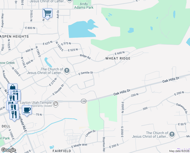 map of restaurants, bars, coffee shops, grocery stores, and more near 1838 East Gentile Street in Layton
