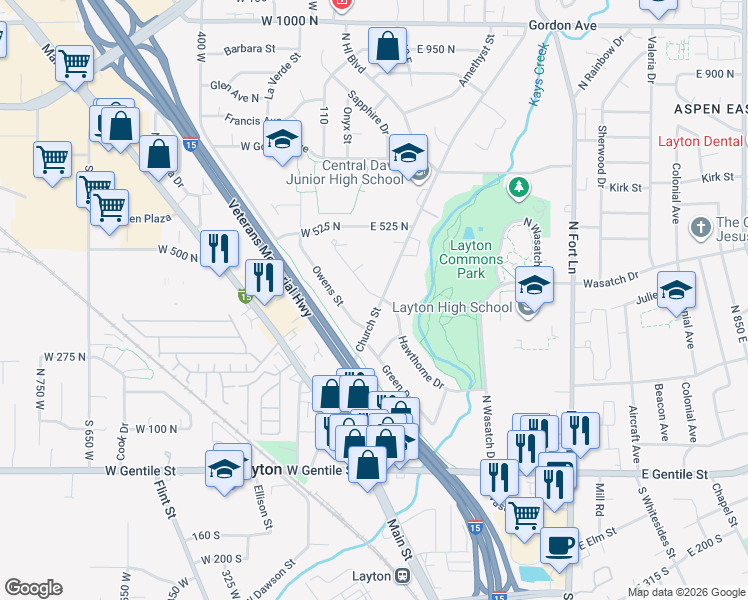 map of restaurants, bars, coffee shops, grocery stores, and more near 382 Church Street in Layton