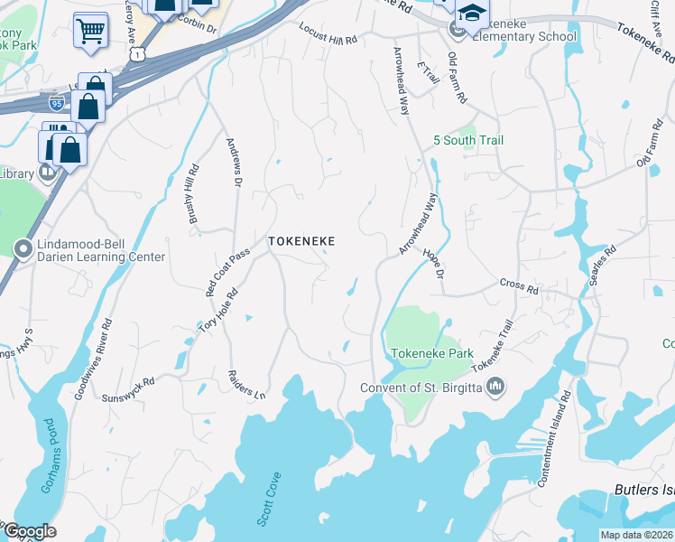 map of restaurants, bars, coffee shops, grocery stores, and more near 15 Wildcat Road in Darien
