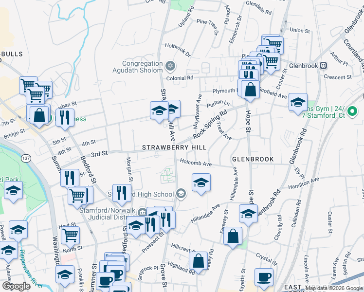 map of restaurants, bars, coffee shops, grocery stores, and more near 1 Strawberry Hill Court in Stamford