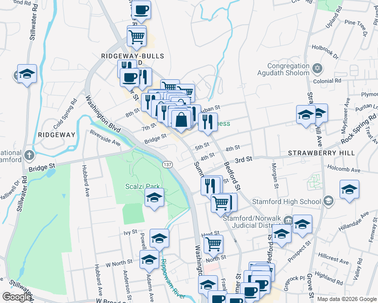 map of restaurants, bars, coffee shops, grocery stores, and more near 1862 Summer Street in Stamford
