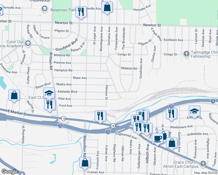 map of restaurants, bars, coffee shops, grocery stores, and more near 1925 Adelaide Boulevard in Akron
