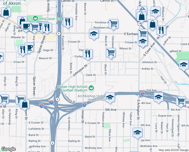 map of restaurants, bars, coffee shops, grocery stores, and more near 878 Clark Street in Akron