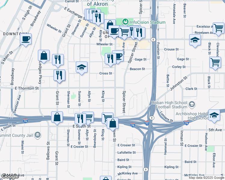 map of restaurants, bars, coffee shops, grocery stores, and more near 600 Brown Street in Akron