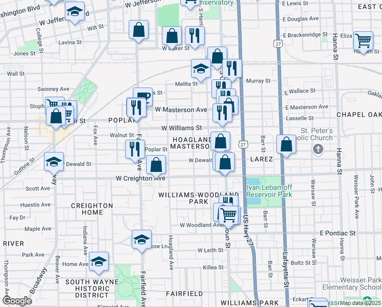 map of restaurants, bars, coffee shops, grocery stores, and more near 316 West Dewald Street in Fort Wayne