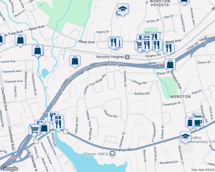 map of restaurants, bars, coffee shops, grocery stores, and more near 9 Miles Road in Darien