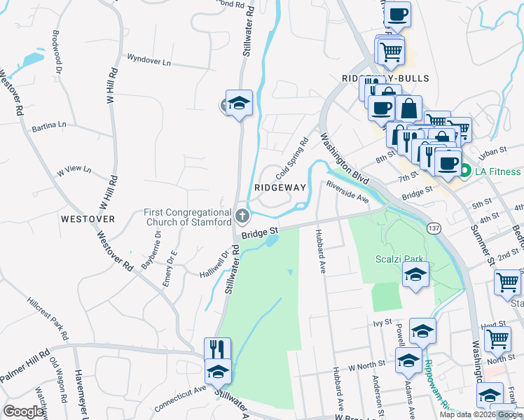 map of restaurants, bars, coffee shops, grocery stores, and more near 82 Severance Drive in Stamford