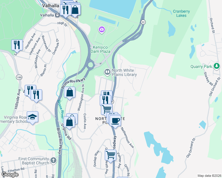 map of restaurants, bars, coffee shops, grocery stores, and more near 981 North Broadway in White Plains