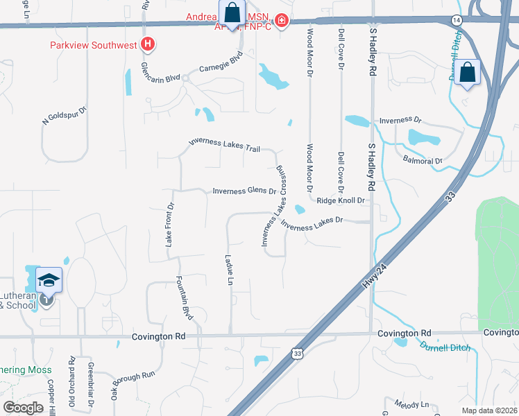 map of restaurants, bars, coffee shops, grocery stores, and more near 7726 Inverness Lakes Drive in Fort Wayne