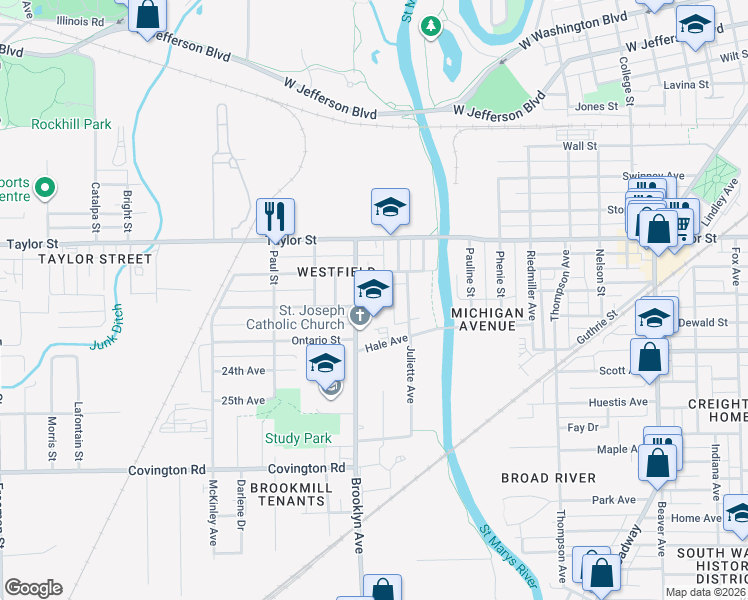 map of restaurants, bars, coffee shops, grocery stores, and more near 1901 Eby Ave in Fort Wayne
