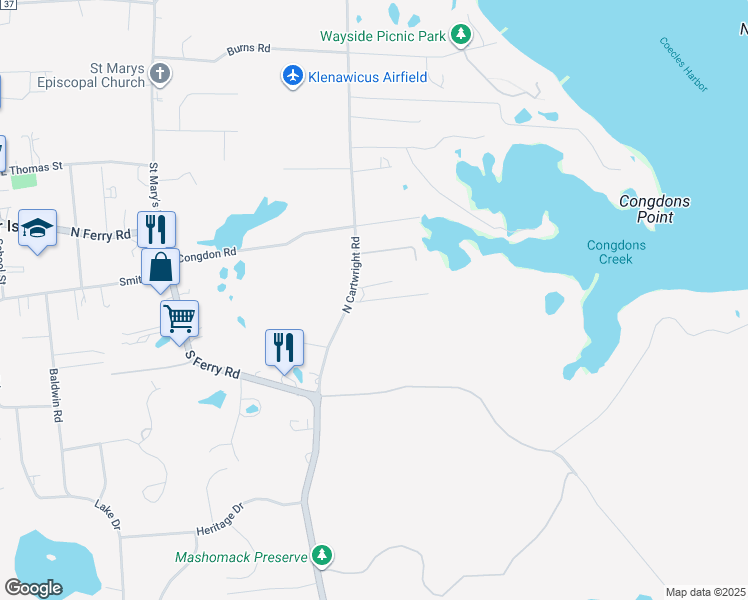 map of restaurants, bars, coffee shops, grocery stores, and more near 15A North Cartwright Road in Shelter Island