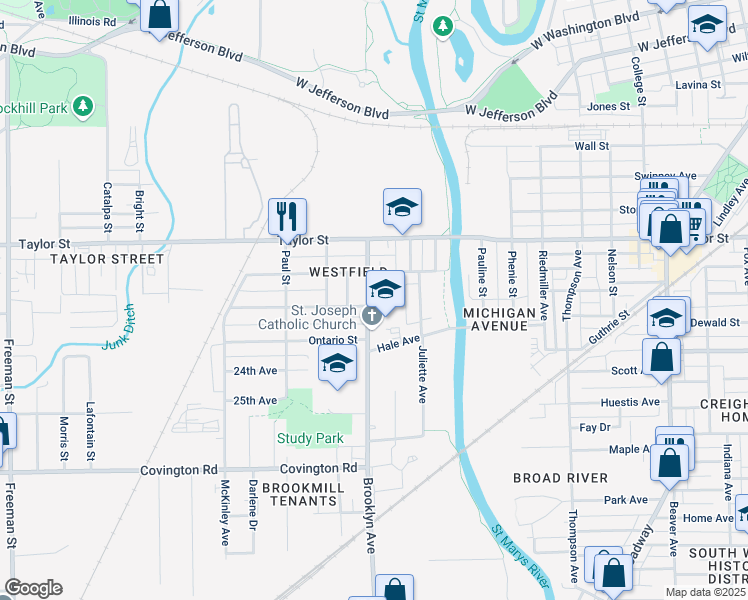map of restaurants, bars, coffee shops, grocery stores, and more near 2202 Brooklyn Avenue in Fort Wayne