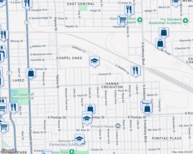 map of restaurants, bars, coffee shops, grocery stores, and more near 2224 Oliver Street in Fort Wayne
