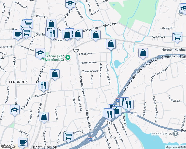 map of restaurants, bars, coffee shops, grocery stores, and more near 48 Field Street in Stamford