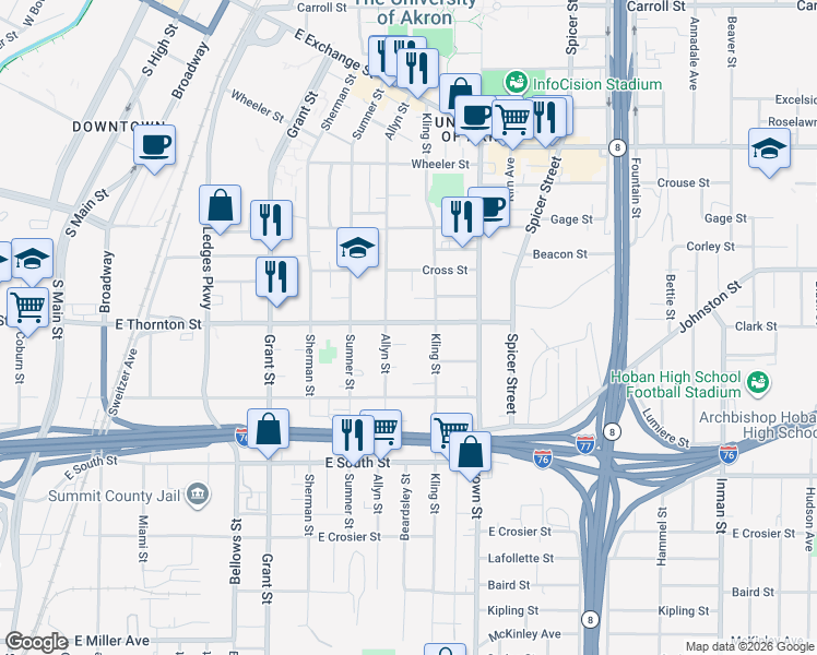 map of restaurants, bars, coffee shops, grocery stores, and more near 625 Allyn Street in Akron