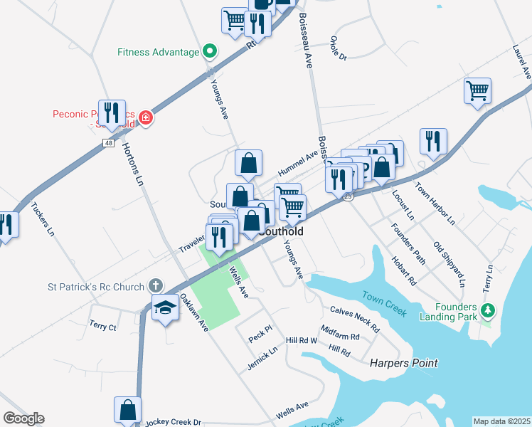 map of restaurants, bars, coffee shops, grocery stores, and more near in Southold