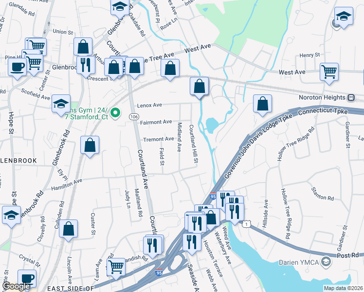 map of restaurants, bars, coffee shops, grocery stores, and more near 40 Midland Avenue in Stamford