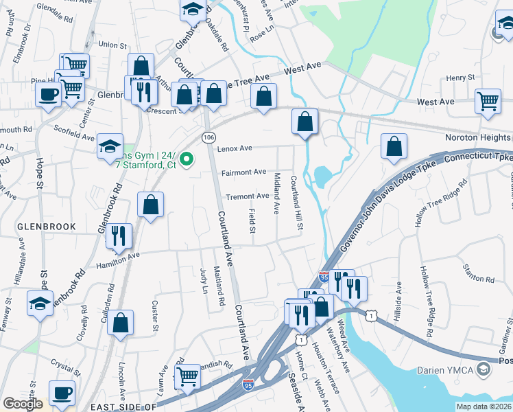 map of restaurants, bars, coffee shops, grocery stores, and more near 48 Field Street in Stamford