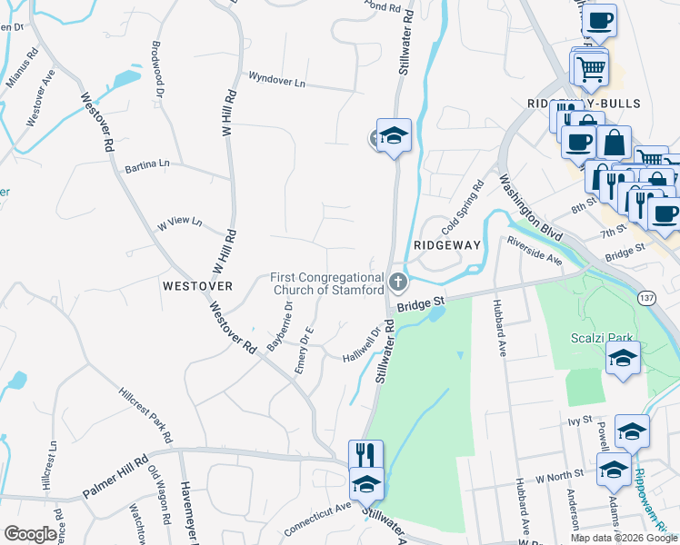map of restaurants, bars, coffee shops, grocery stores, and more near 17 Knobloch Lane in Stamford