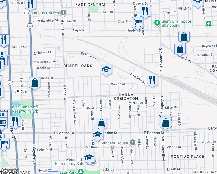 map of restaurants, bars, coffee shops, grocery stores, and more near 2224 Oliver Street in Fort Wayne