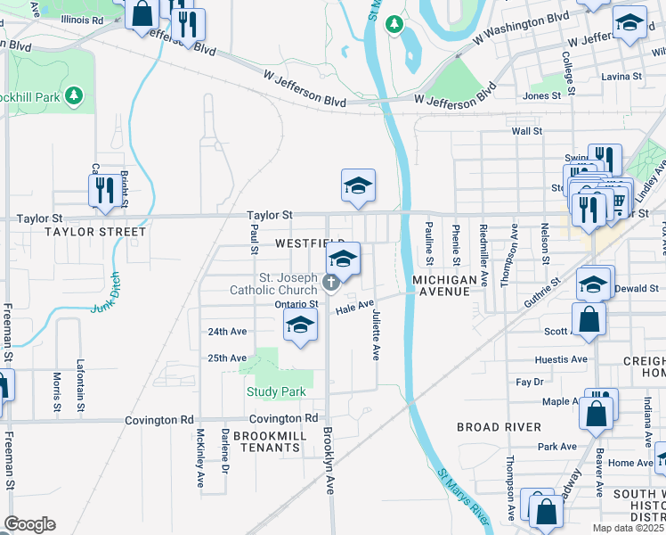 map of restaurants, bars, coffee shops, grocery stores, and more near 2202 Brooklyn Avenue in Fort Wayne