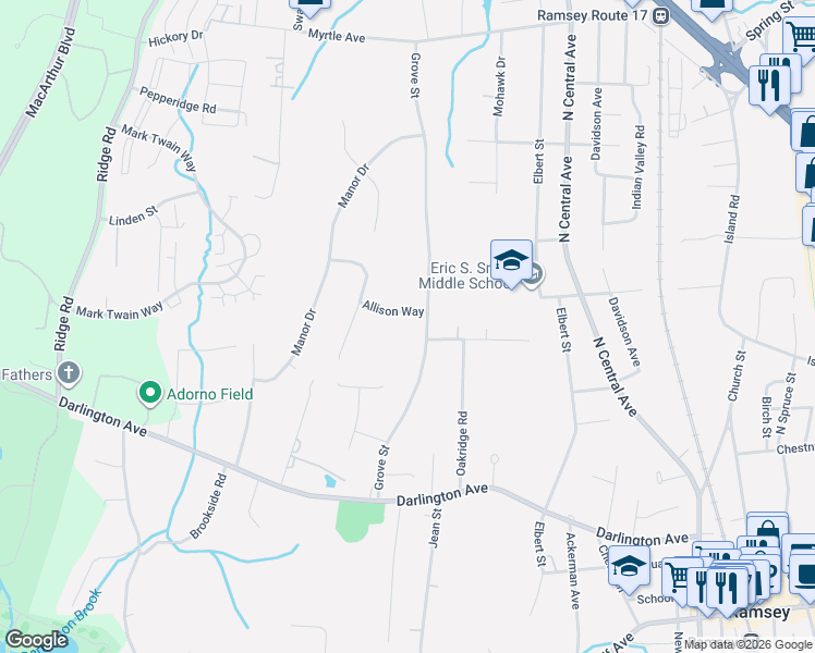 map of restaurants, bars, coffee shops, grocery stores, and more near 141 Grove Street in Ramsey