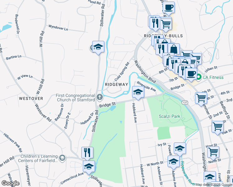 map of restaurants, bars, coffee shops, grocery stores, and more near 58 Severance Drive in Stamford