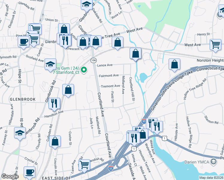 map of restaurants, bars, coffee shops, grocery stores, and more near 48 Field Street in Stamford