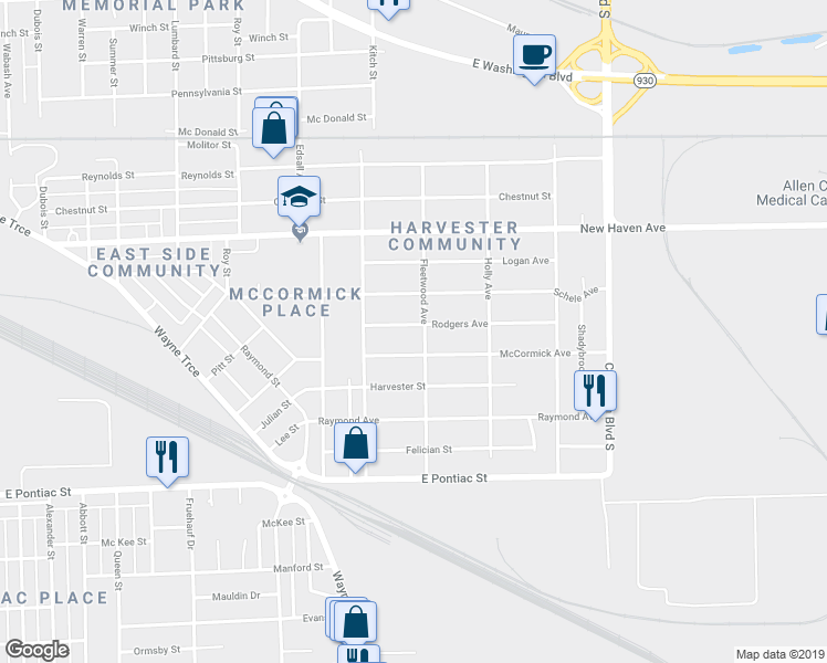 map of restaurants, bars, coffee shops, grocery stores, and more near 3324 Rodgers Avenue in Fort Wayne