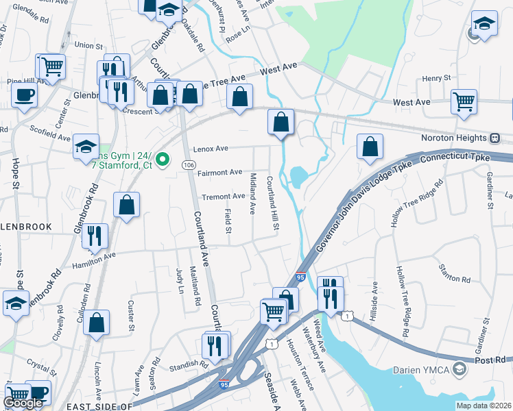 map of restaurants, bars, coffee shops, grocery stores, and more near 40 Midland Avenue in Stamford