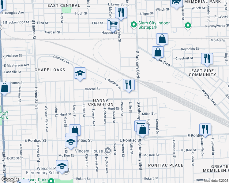 map of restaurants, bars, coffee shops, grocery stores, and more near 2201 Reed Street in Fort Wayne
