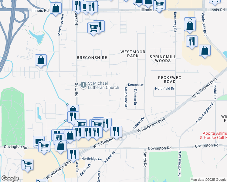 map of restaurants, bars, coffee shops, grocery stores, and more near 5771 Meadows Drive in Fort Wayne
