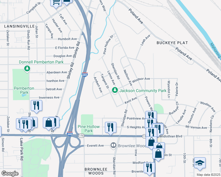 map of restaurants, bars, coffee shops, grocery stores, and more near 3451 Tangent Street in Youngstown