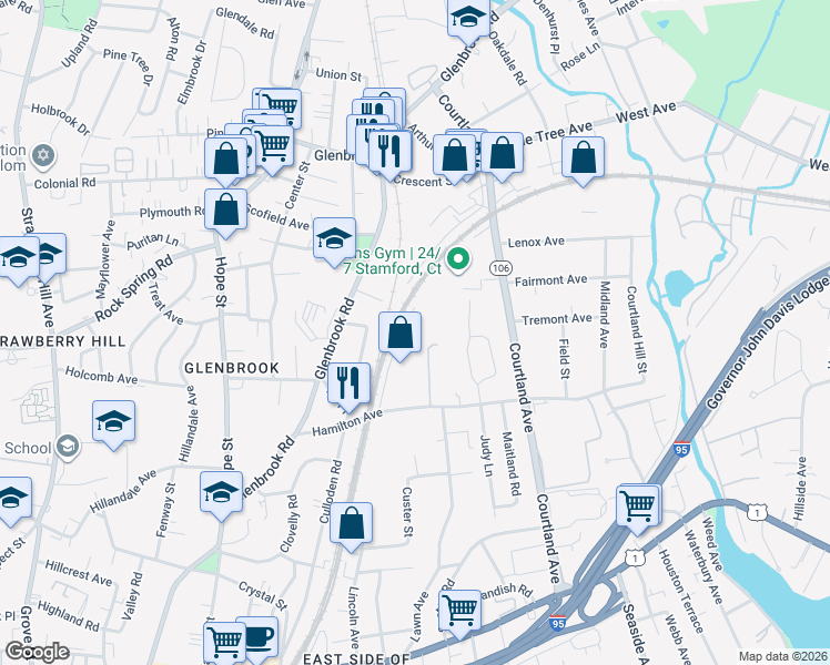 map of restaurants, bars, coffee shops, grocery stores, and more near 88 Hamilton Avenue in Stamford