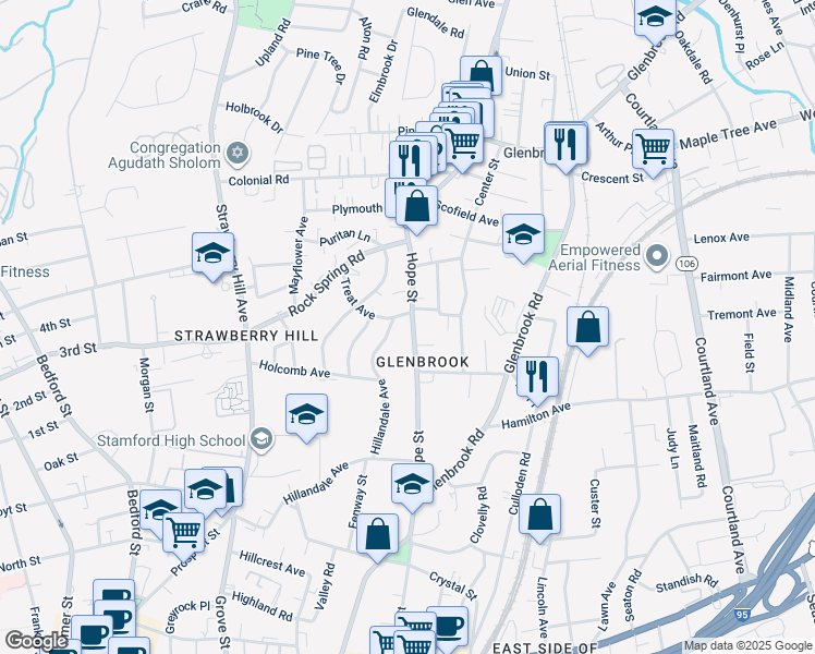 map of restaurants, bars, coffee shops, grocery stores, and more near 150 Hope Street in Stamford
