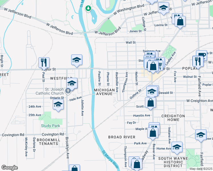 map of restaurants, bars, coffee shops, grocery stores, and more near 2072 Phenie Street in Fort Wayne