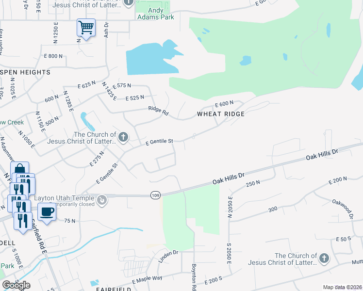 map of restaurants, bars, coffee shops, grocery stores, and more near 1838 East Gentile Street in Layton