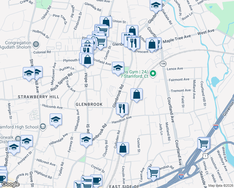 map of restaurants, bars, coffee shops, grocery stores, and more near 346 Glenbrook Road in Stamford