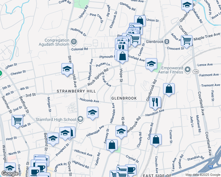 map of restaurants, bars, coffee shops, grocery stores, and more near 20 Cowan Avenue in Stamford