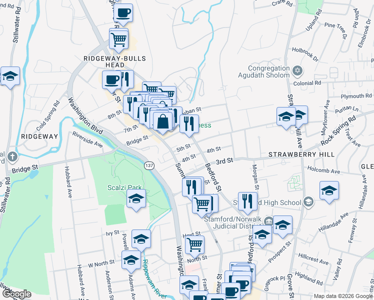 map of restaurants, bars, coffee shops, grocery stores, and more near 50 4th Street in Stamford