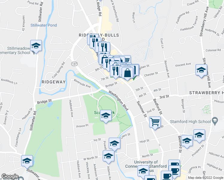 map of restaurants, bars, coffee shops, grocery stores, and more near 1902-2190 Washington Boulevard in Stamford