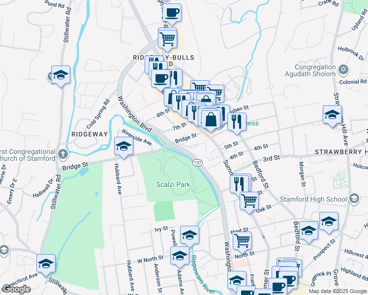 map of restaurants, bars, coffee shops, grocery stores, and more near 1902-2190 Washington Boulevard in Stamford