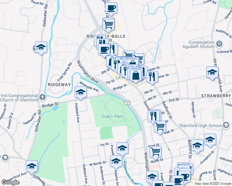 map of restaurants, bars, coffee shops, grocery stores, and more near 1902-2190 Washington Boulevard in Stamford