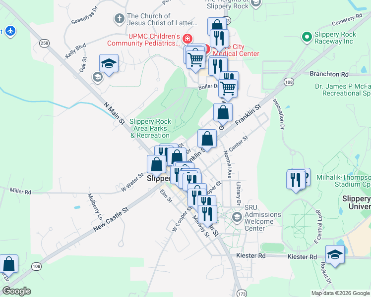 map of restaurants, bars, coffee shops, grocery stores, and more near 10 Legion Drive in Slippery Rock