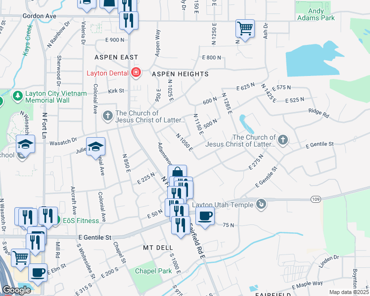 map of restaurants, bars, coffee shops, grocery stores, and more near 431 North 1050 East in Layton