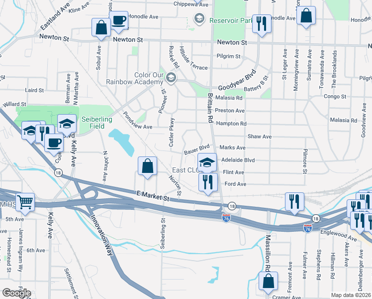 map of restaurants, bars, coffee shops, grocery stores, and more near 1547 Bauer Boulevard in Akron