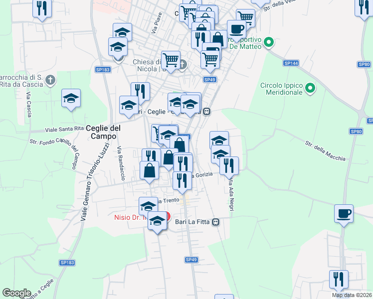 map of restaurants, bars, coffee shops, grocery stores, and more near 8 Vico II Fiume in Bari